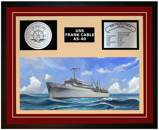 USS FRANK CABLE AS-40 Framed Navy Ship Display Burgundy