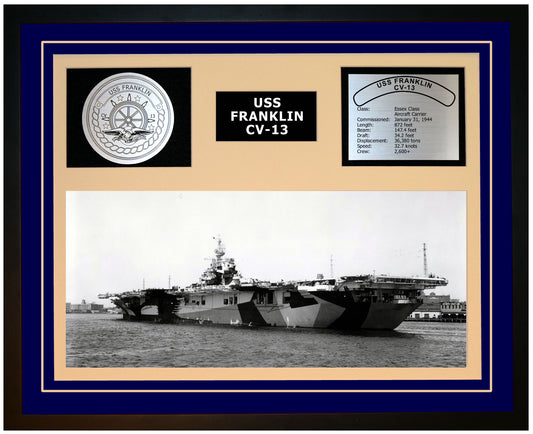 USS FRANKLIN CV-13 Framed Navy Ship Display Blue