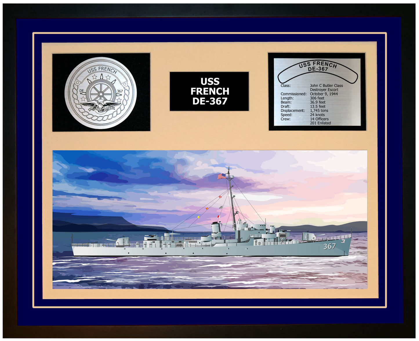 USS FRENCH DE-367 Framed Navy Ship Display Blue