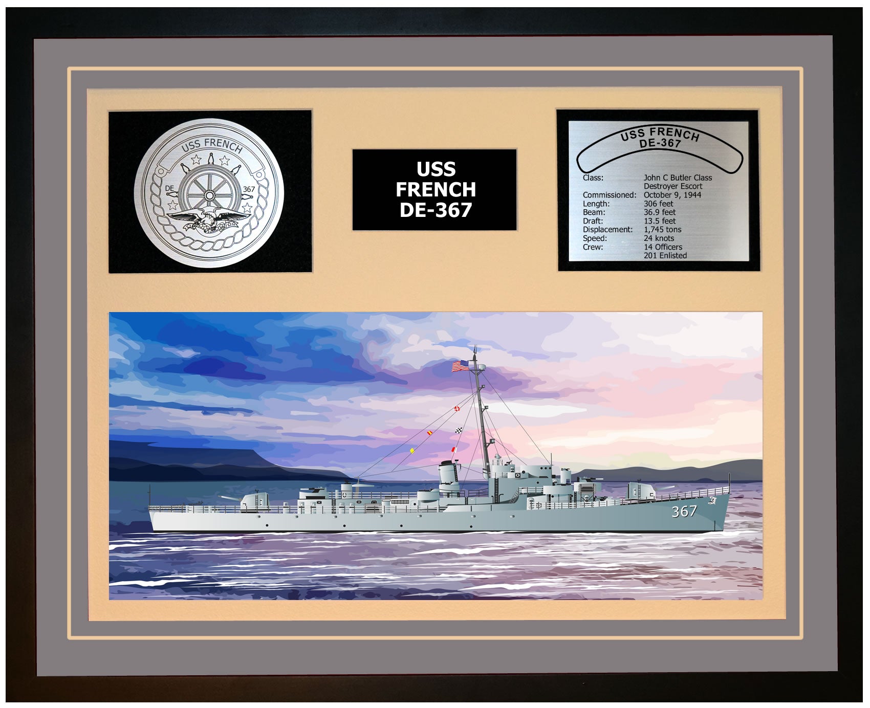 USS FRENCH DE-367 Framed Navy Ship Display Grey