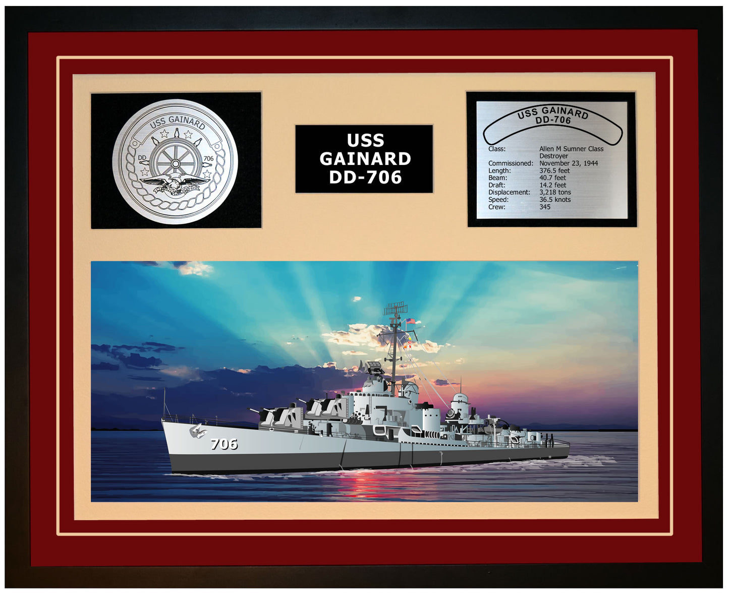 USS GAINARD DD-706 Framed Navy Ship Display Burgundy