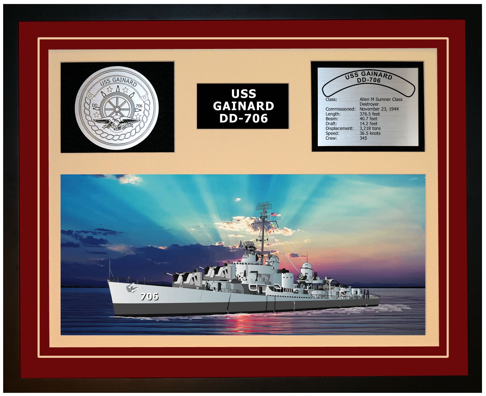 USS GAINARD DD-706 Framed Navy Ship Display Burgundy