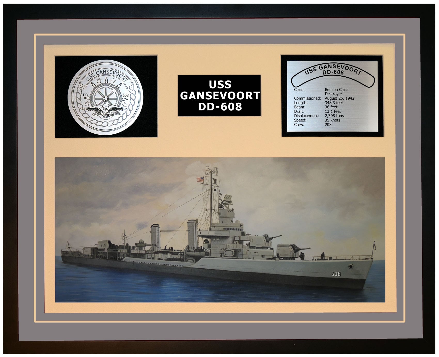 USS GANSEVOORT DD-608 Framed Navy Ship Display Grey