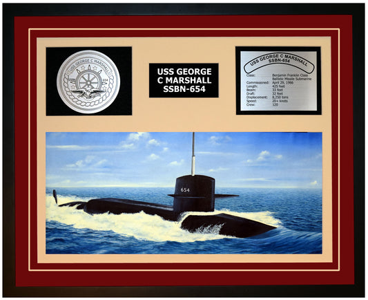 USS GEORGE C MARSHALL SSBN-654 Framed Navy Ship Display Burgundy