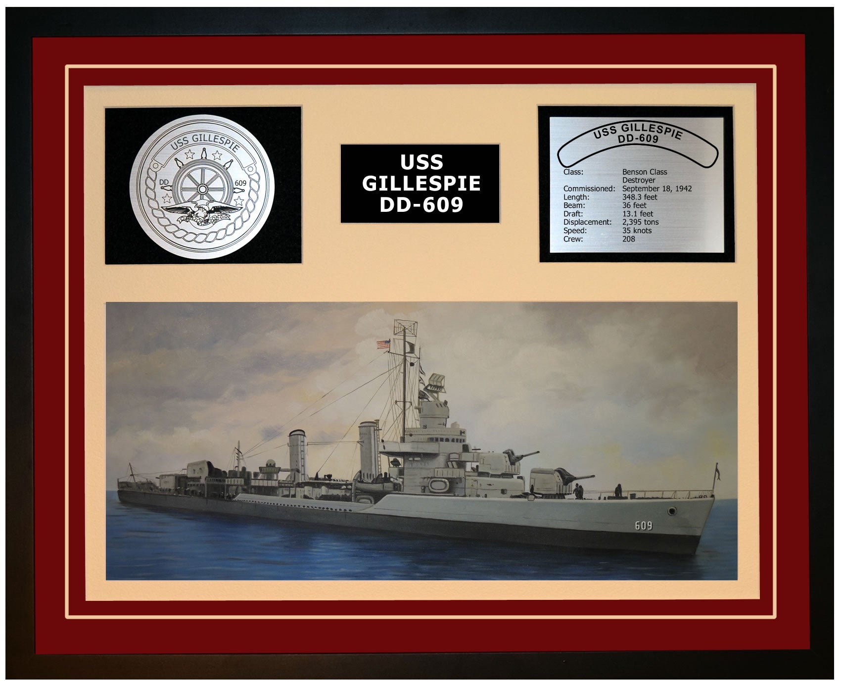 USS GILLESPIE DD-609 Framed Navy Ship Display Burgundy