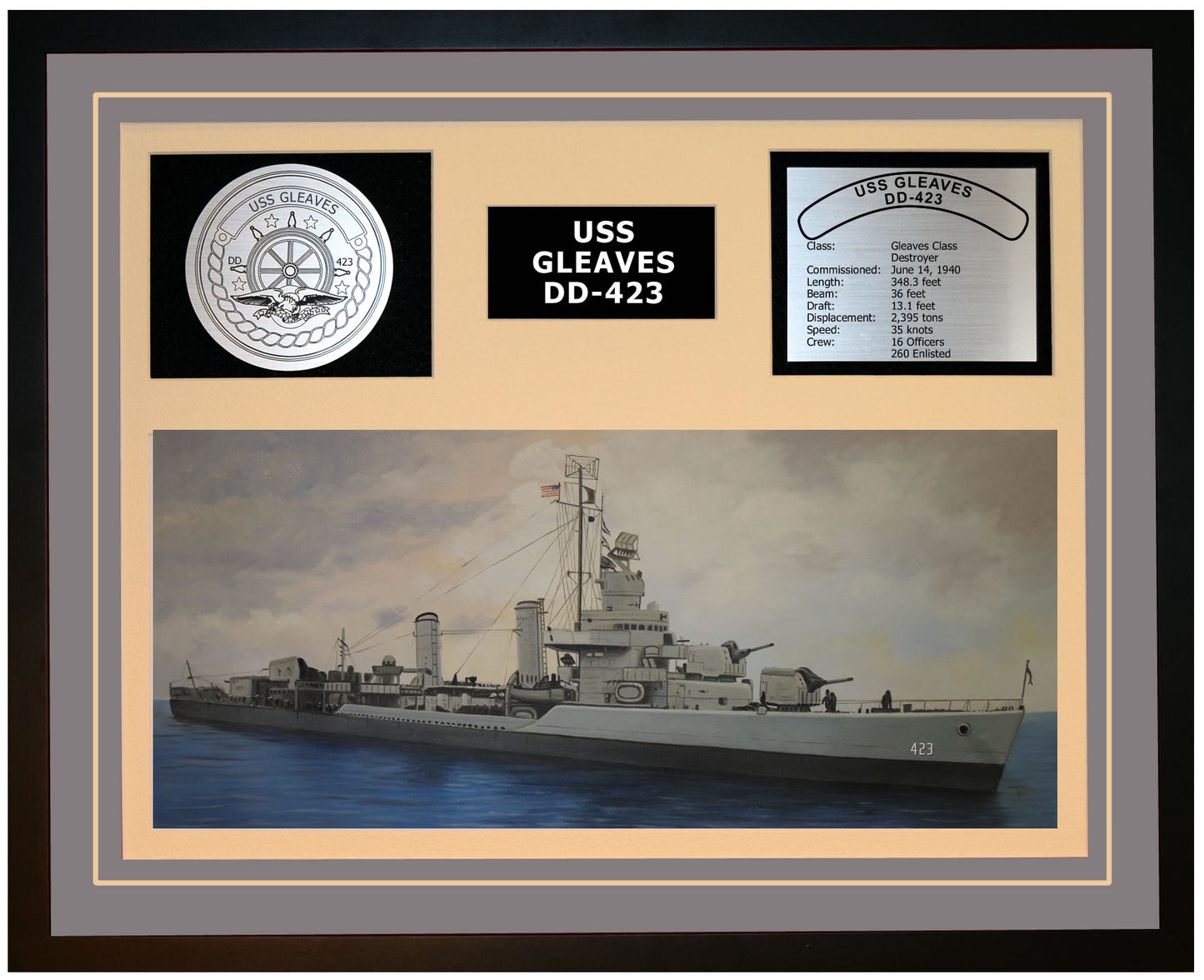 USS GLEAVES DD-423 Framed Navy Ship Display Grey
