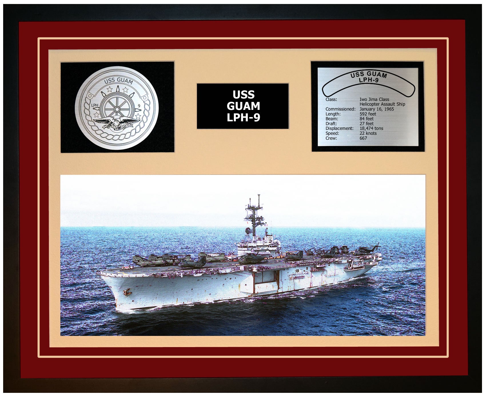 USS GUAM LPH-9 Framed Navy Ship Display Burgundy