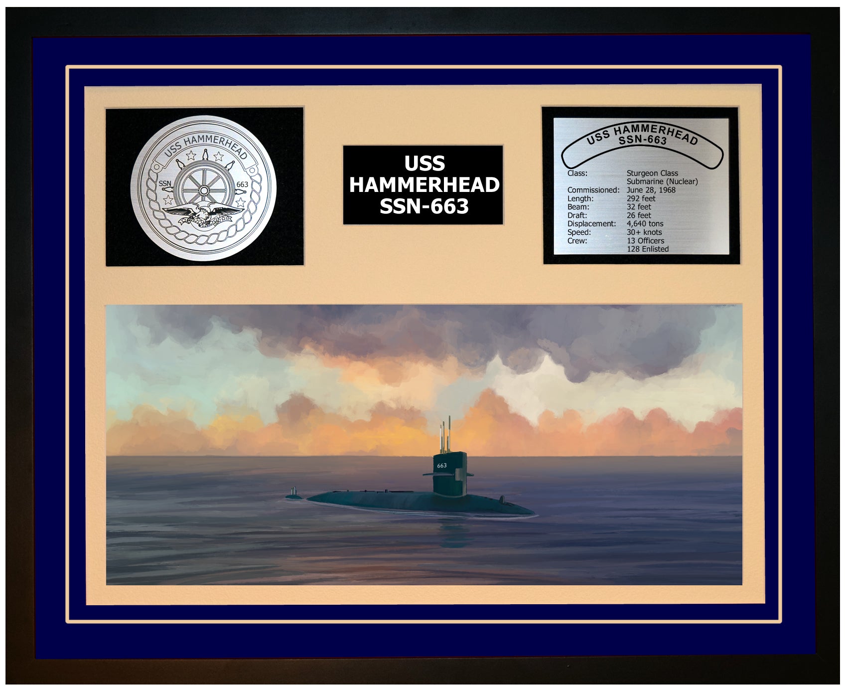USS HAMMERHEAD SSN-663 Framed Navy Ship Display Blue