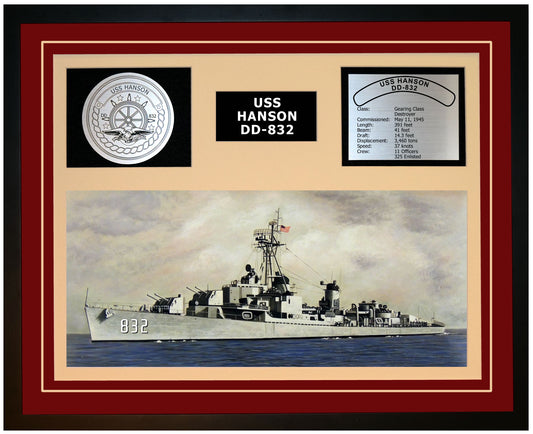 USS HANSON DD-832 Framed Navy Ship Display Burgundy