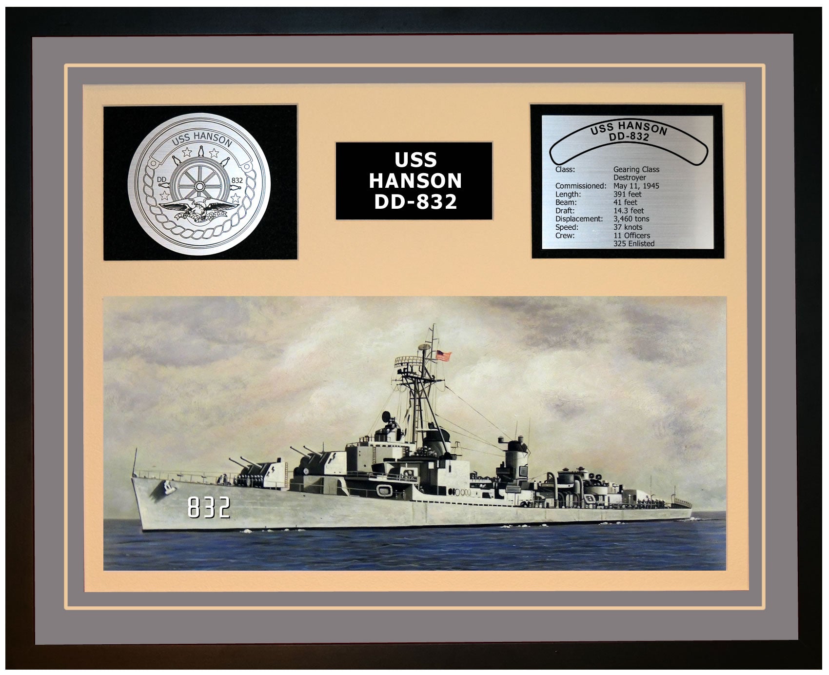 USS HANSON DD-832 Framed Navy Ship Display Grey