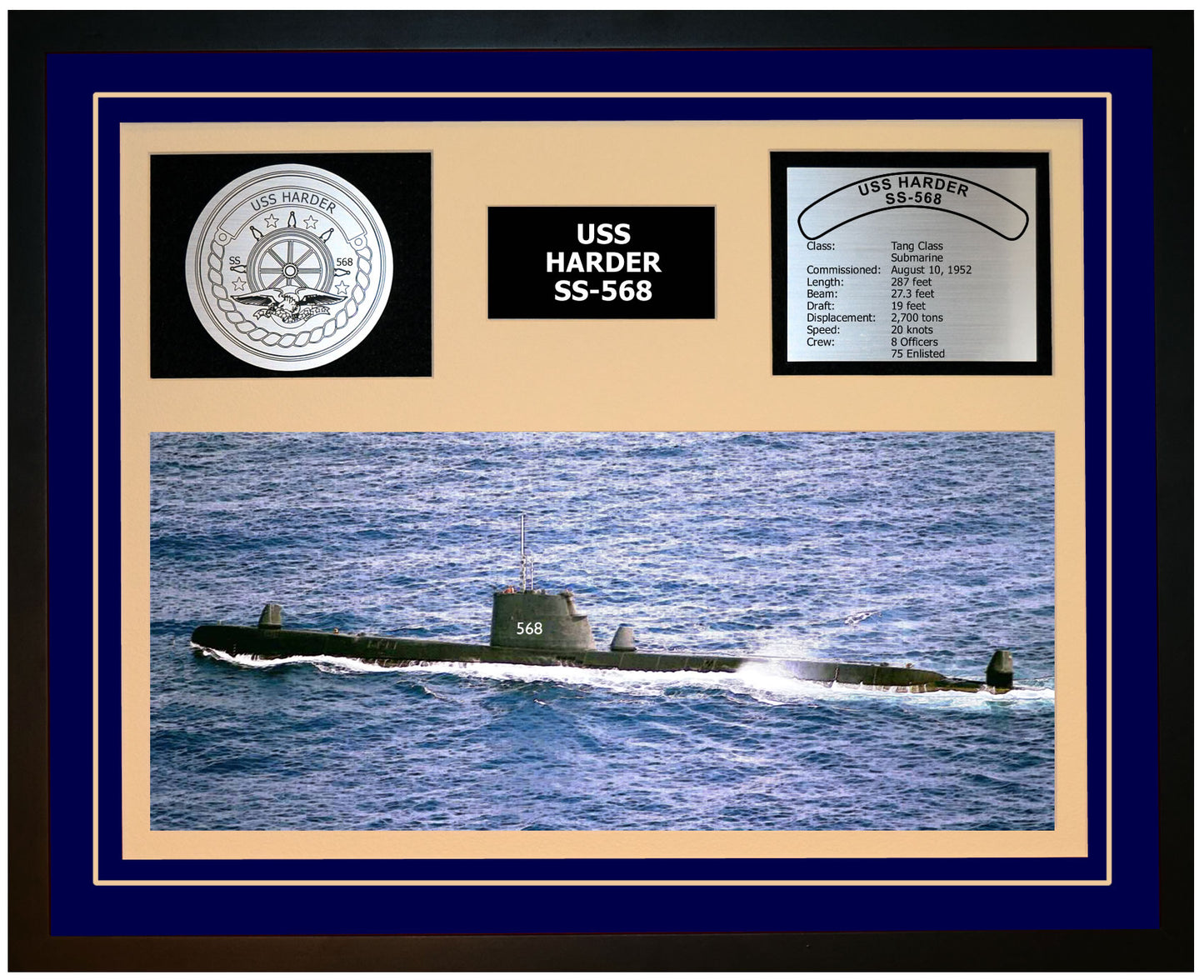 USS HARDER SS-568 Framed Navy Ship Display Blue