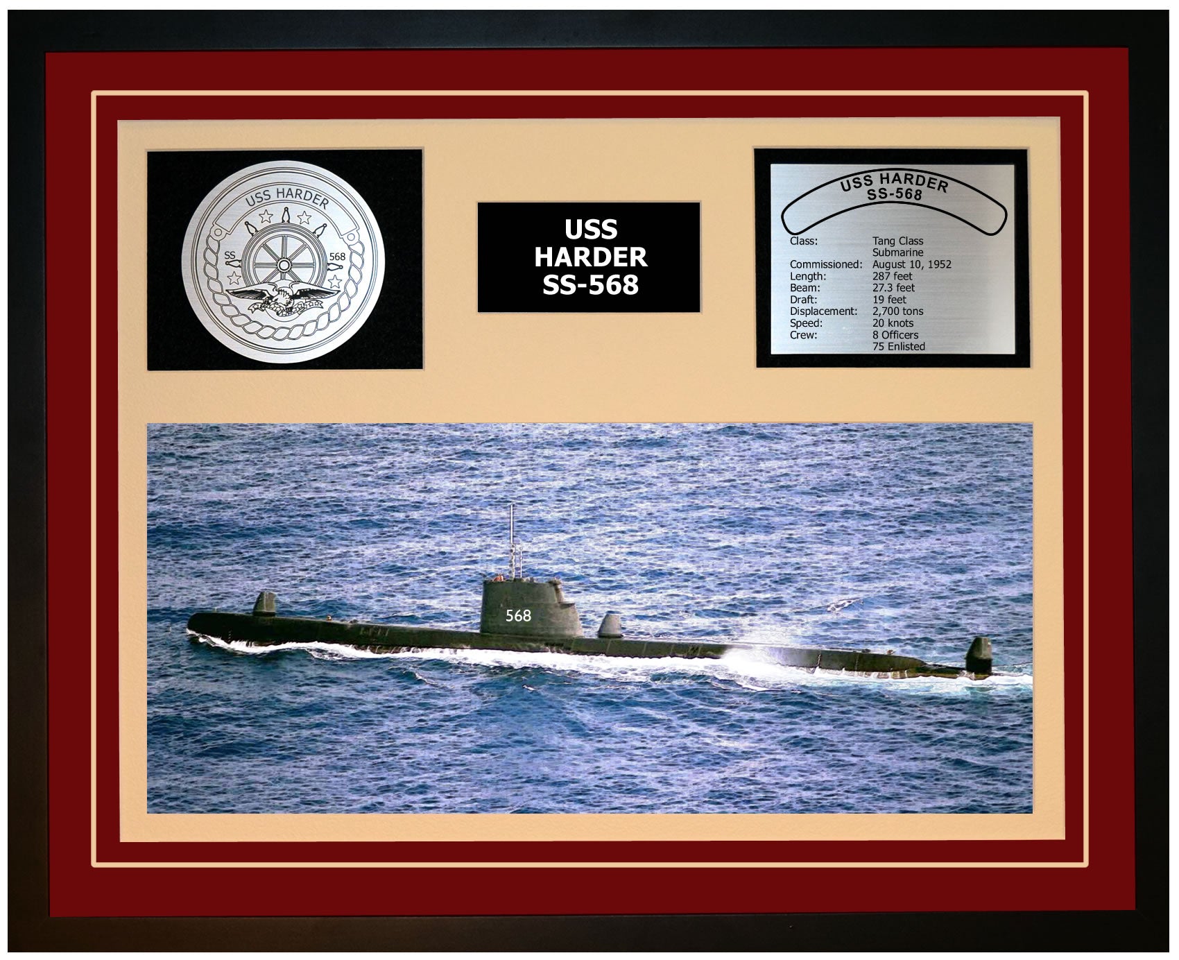 USS HARDER SS-568 Framed Navy Ship Display Burgundy