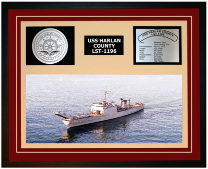 USS HARLAN COUNTY LST-1196 Framed Navy Ship Display Burgundy