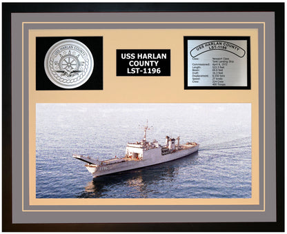 USS HARLAN COUNTY LST-1196 Framed Navy Ship Display Grey
