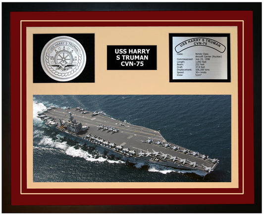 USS HARRY S TRUMAN CVN-75 Framed Navy Ship Display Burgundy