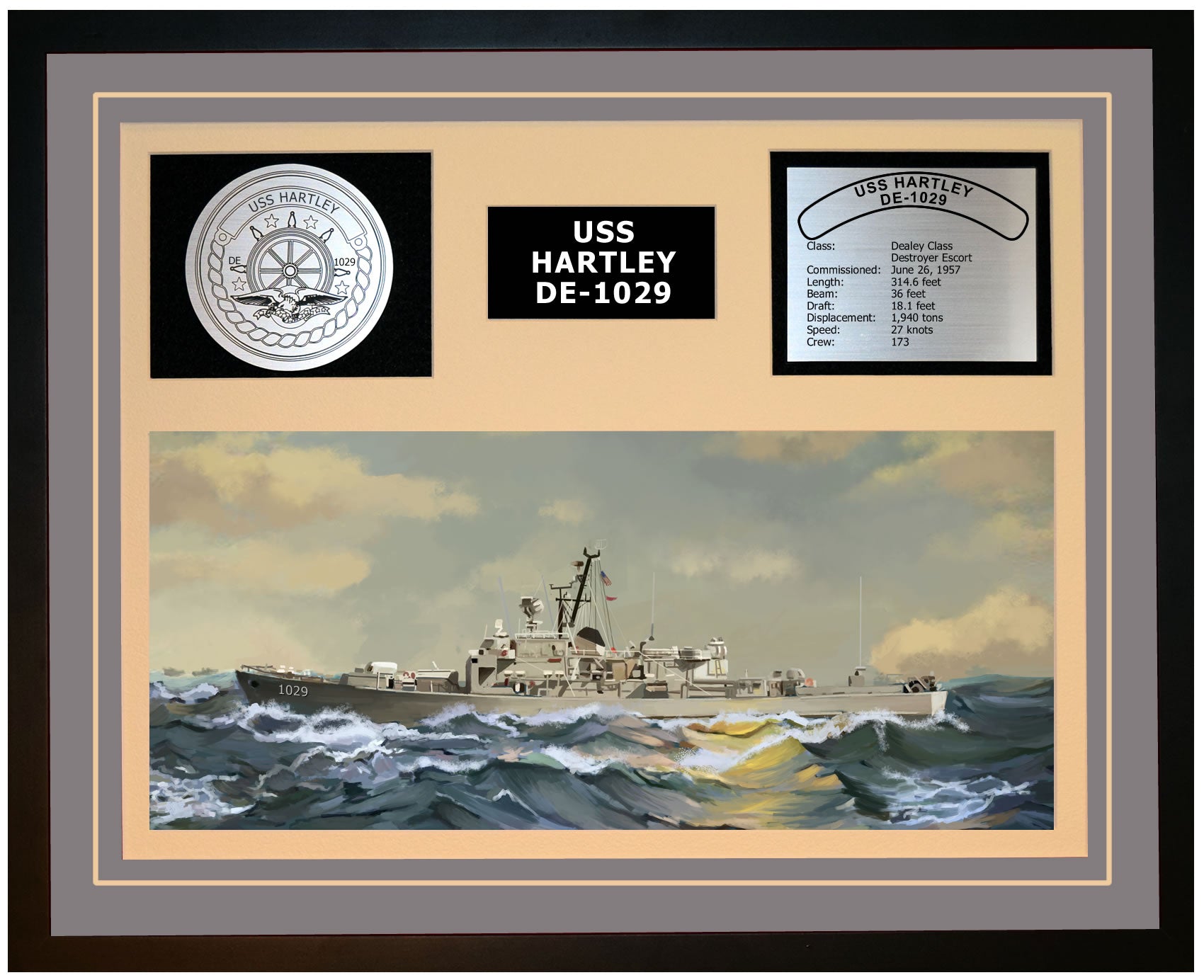 USS HARTLEY DE-1029 Framed Navy Ship Display Grey