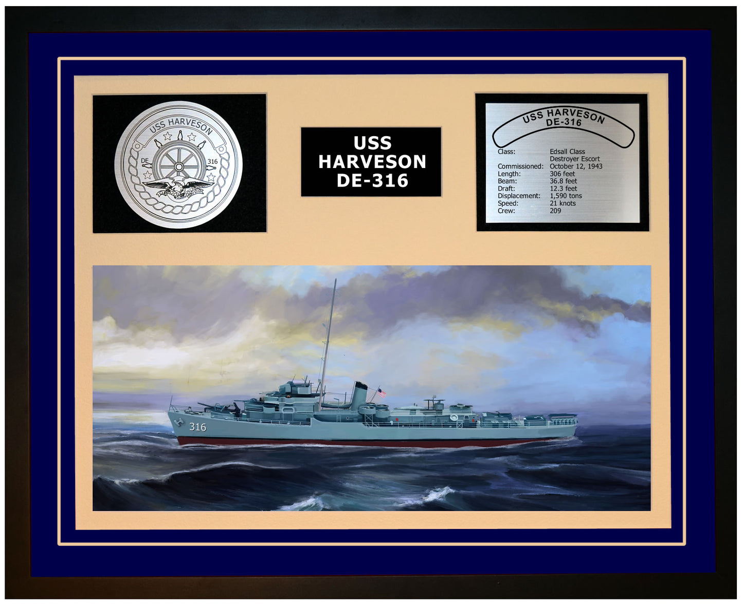 USS HARVESON DE-316 Framed Navy Ship Display Blue