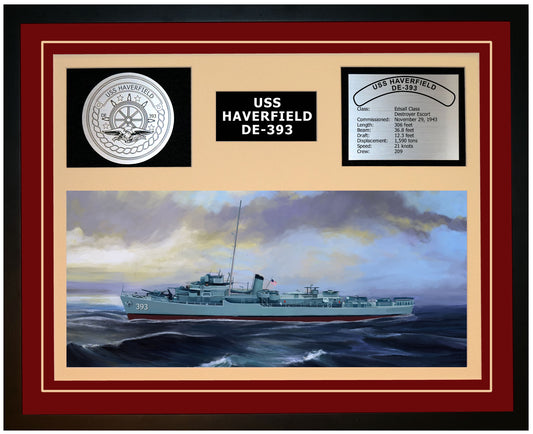 USS HAVERFIELD DE-393 Framed Navy Ship Display Burgundy
