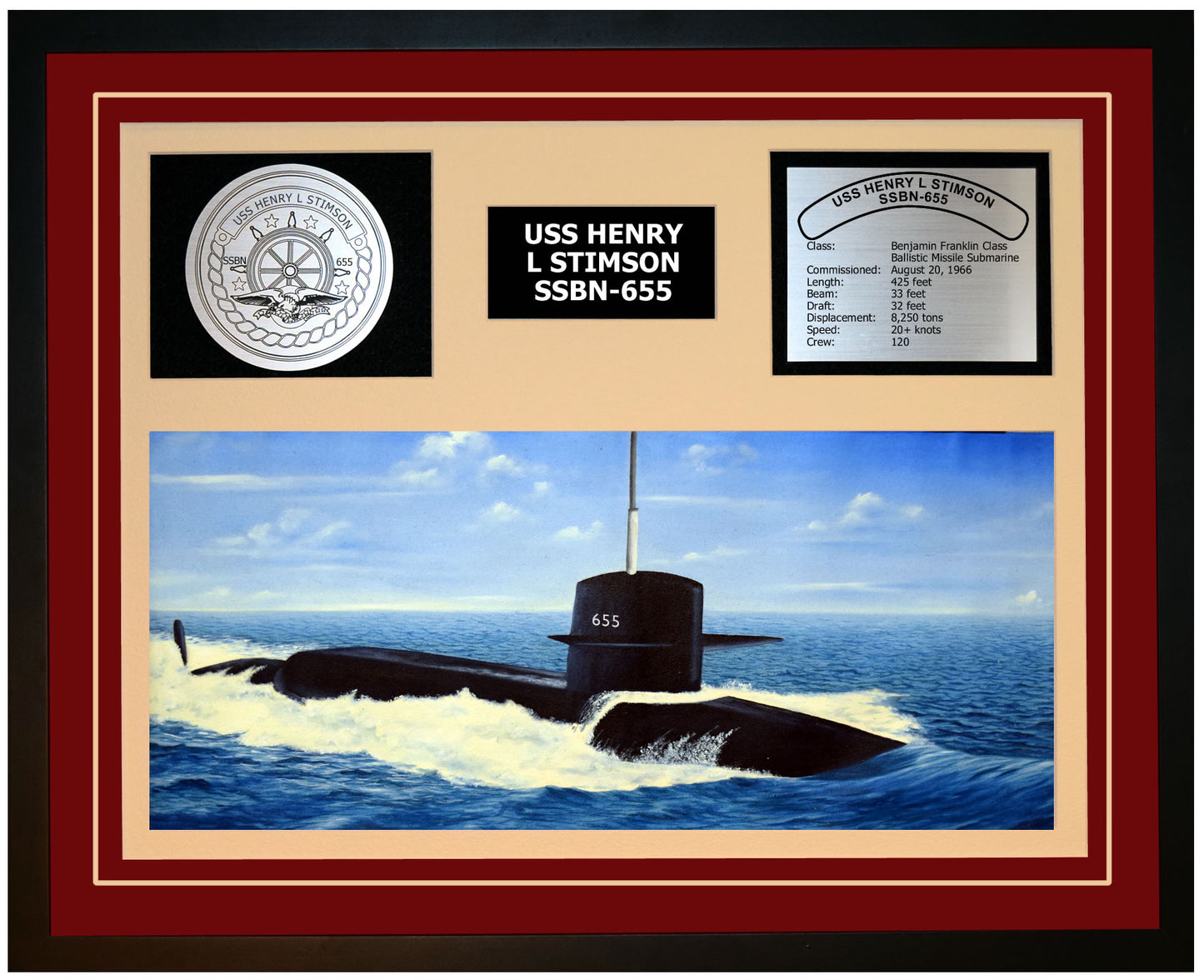 USS HENRY L STIMSON SSBN-655 Framed Navy Ship Display Burgundy