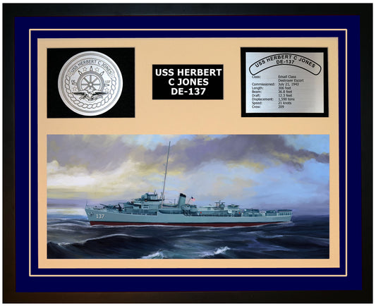 USS HERBERT C JONES DE-137 Framed Navy Ship Display Blue