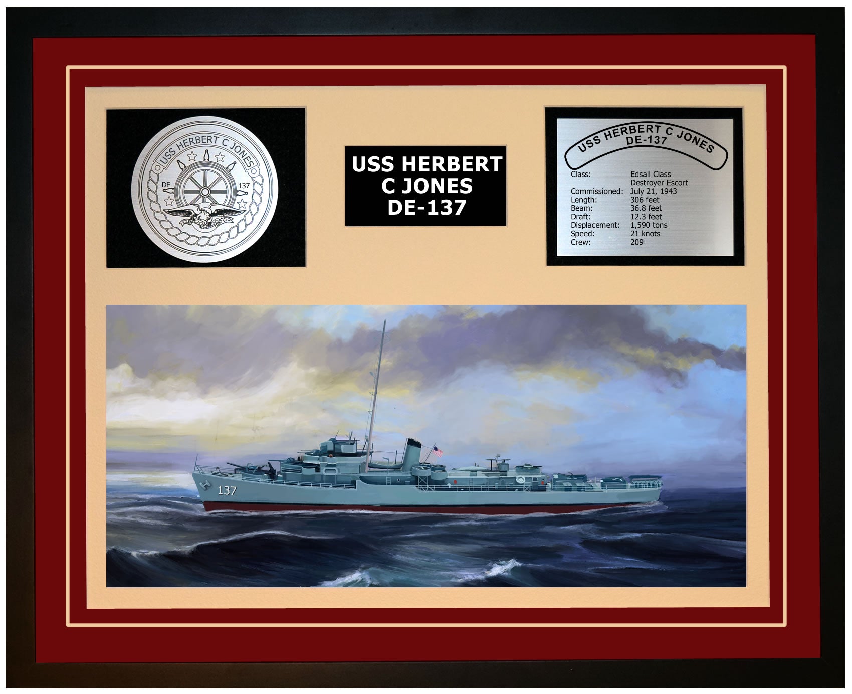 USS HERBERT C JONES DE-137 Framed Navy Ship Display Burgundy