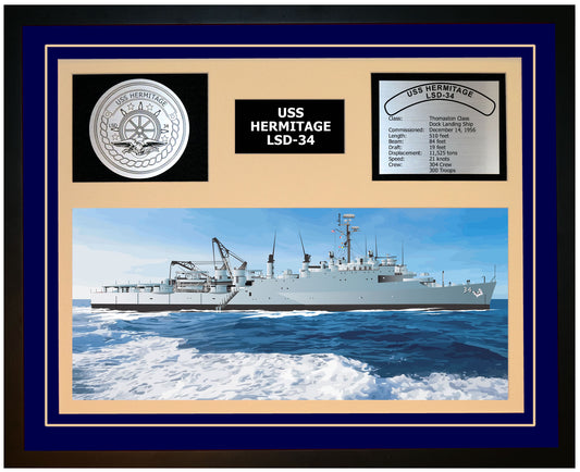 USS HERMITAGE LSD-34 Framed Navy Ship Display Blue