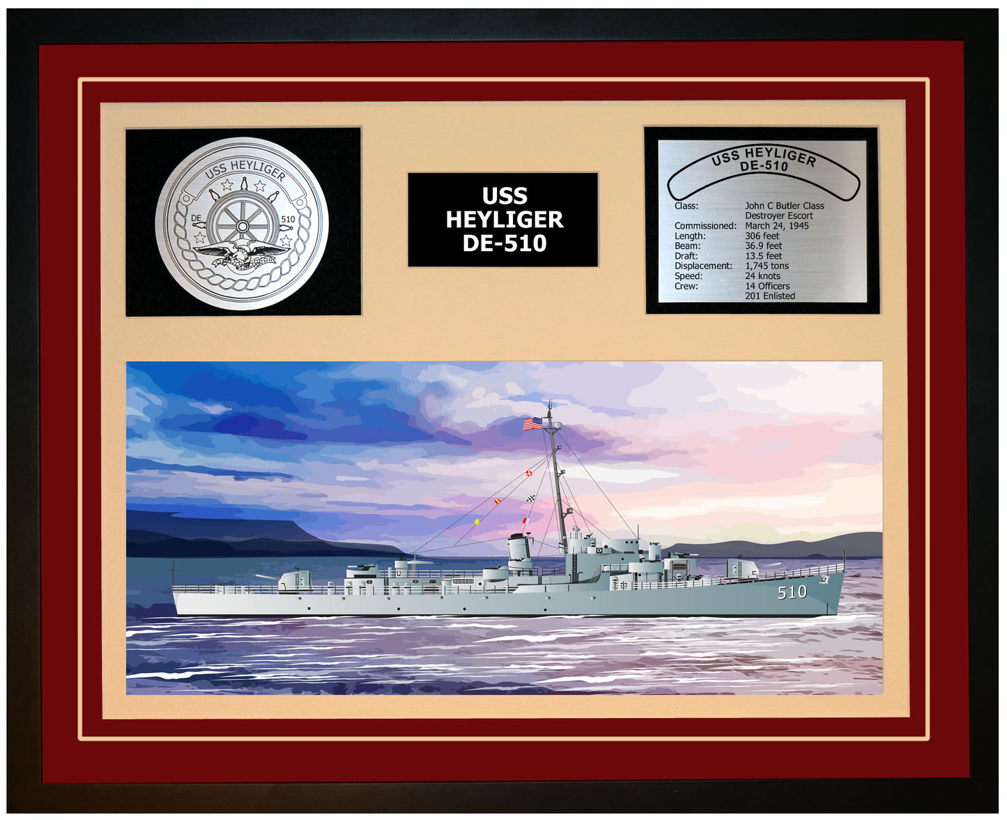USS HEYLIGER DE-510 Framed Navy Ship Display Burgundy
