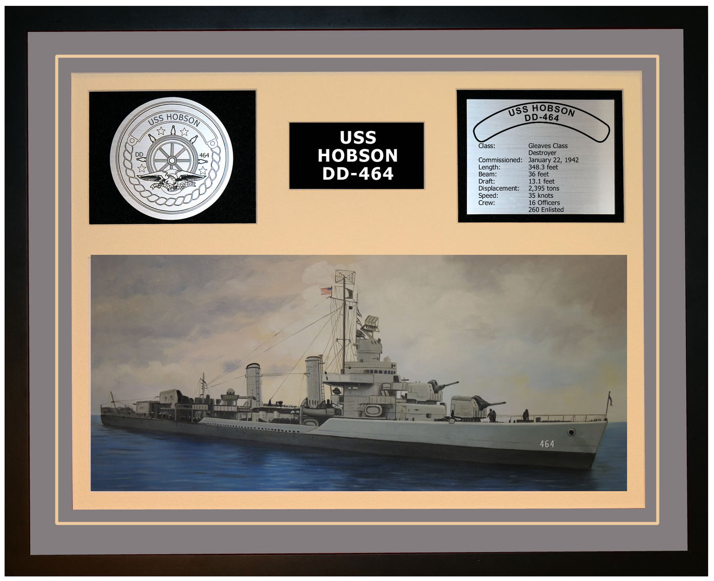 USS HOBSON DD-464 Framed Navy Ship Display Grey
