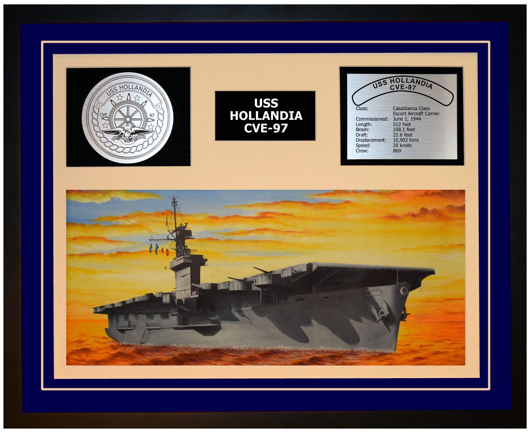 USS HOLLANDIA CVE-97 Framed Navy Ship Display Blue
