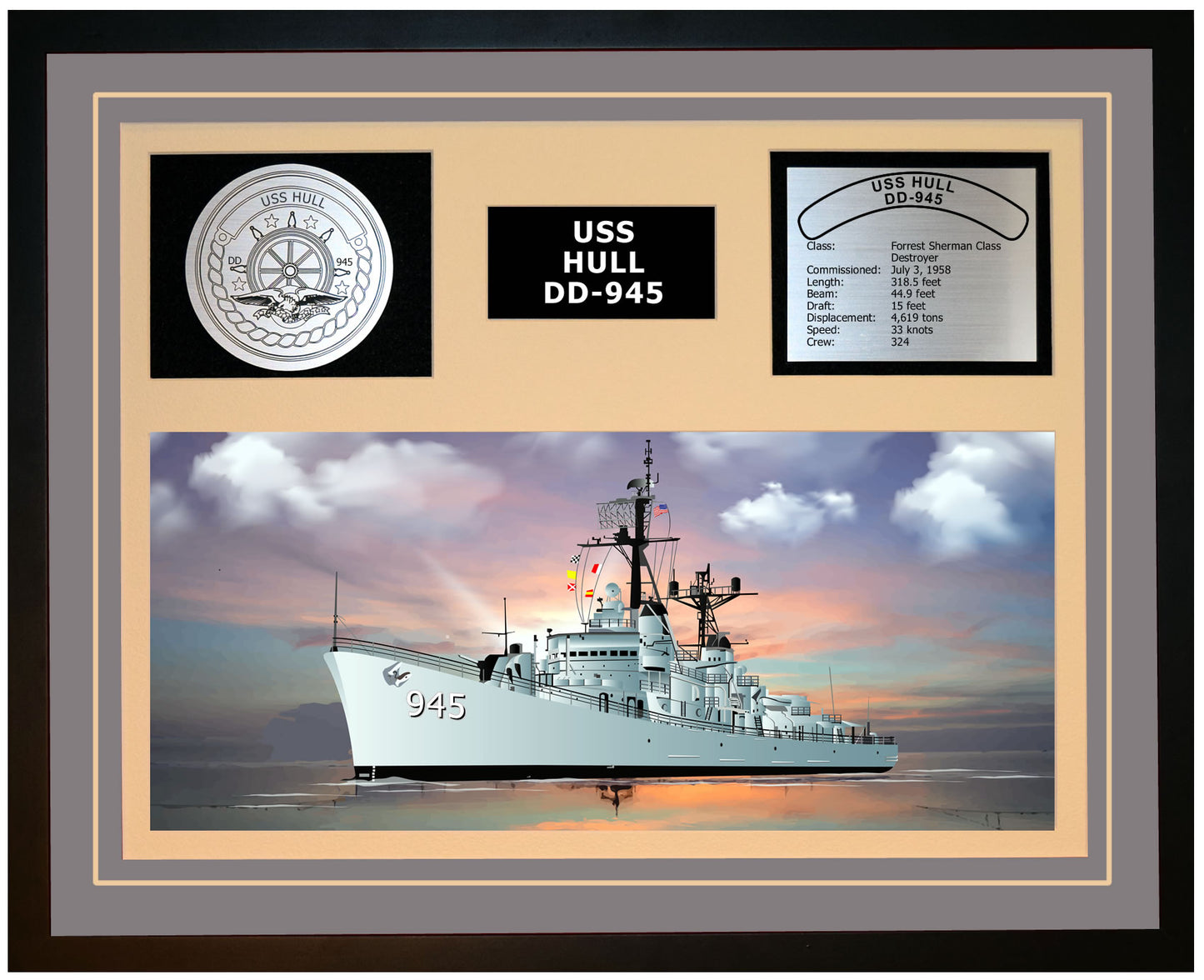 USS HULL DD-945 Framed Navy Ship Display Grey