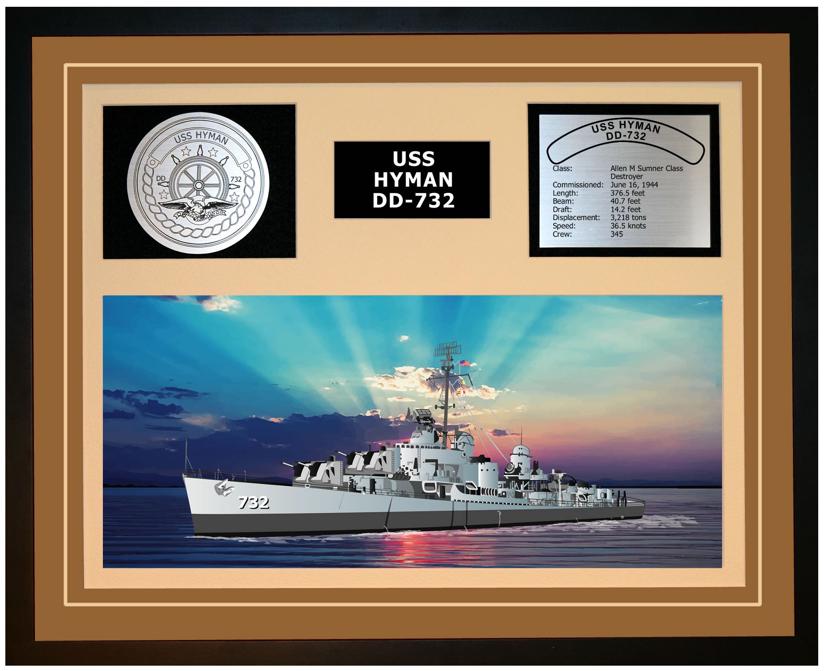 USS HYMAN DD-732 Framed Navy Ship Display Brown