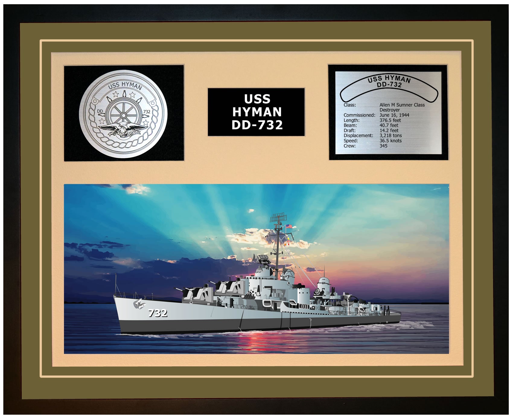USS HYMAN DD-732 Framed Navy Ship Display Green