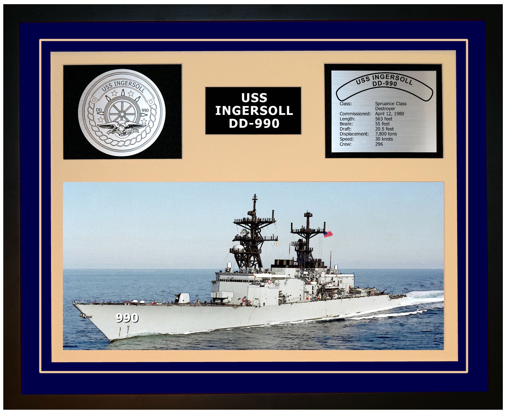 USS INGERSOLL DD-990 Framed Navy Ship Display Blue