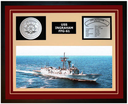 USS INGRAHAM FFG-61 Framed Navy Ship Display Burgundy