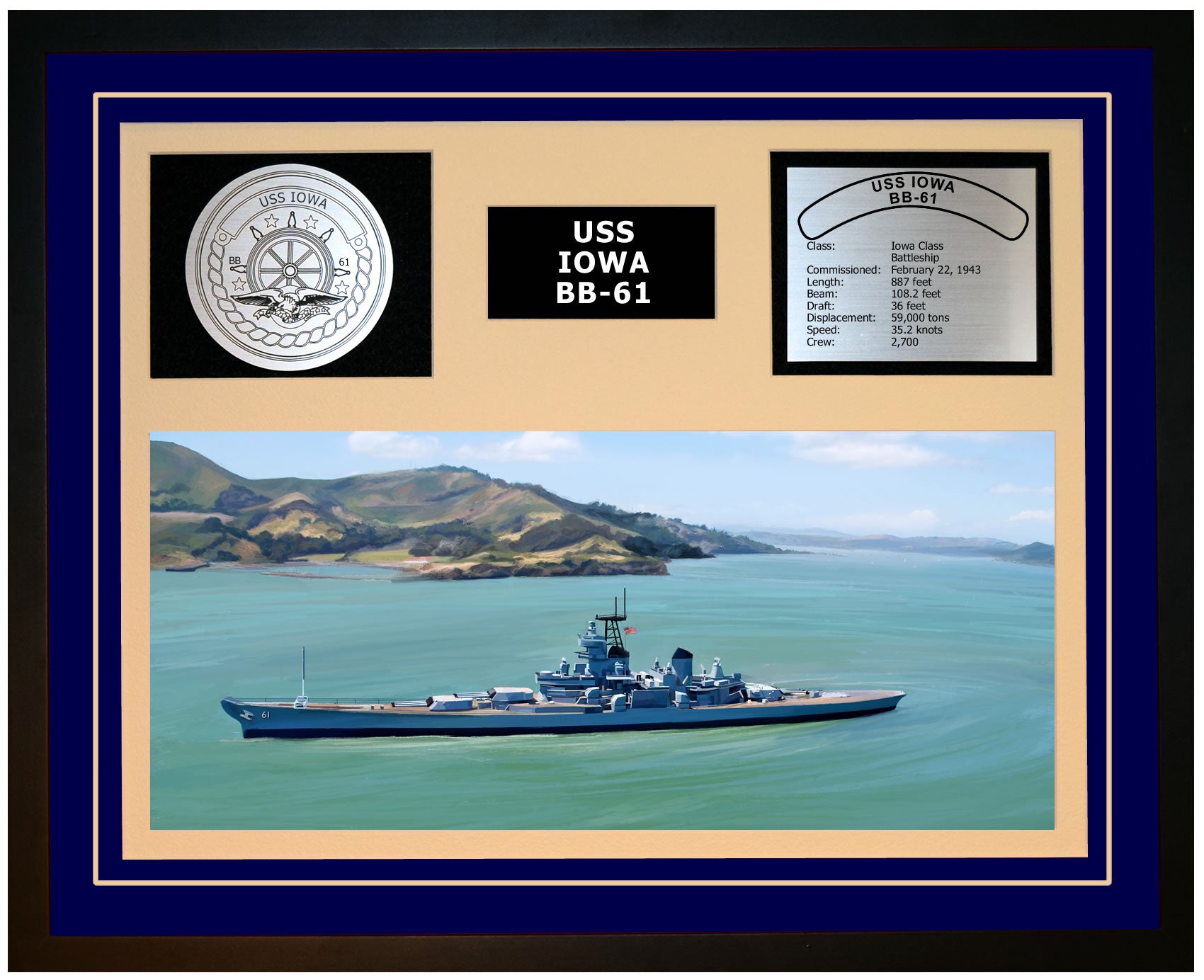 USS IOWA BB-61 Framed Navy Ship Display Blue