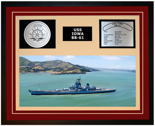 USS IOWA BB-61 Framed Navy Ship Display Burgundy