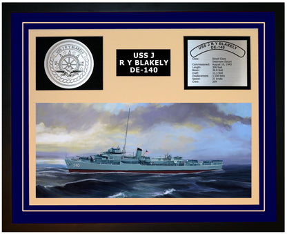 USS J R Y BLAKELY DE-140 Framed Navy Ship Display Blue