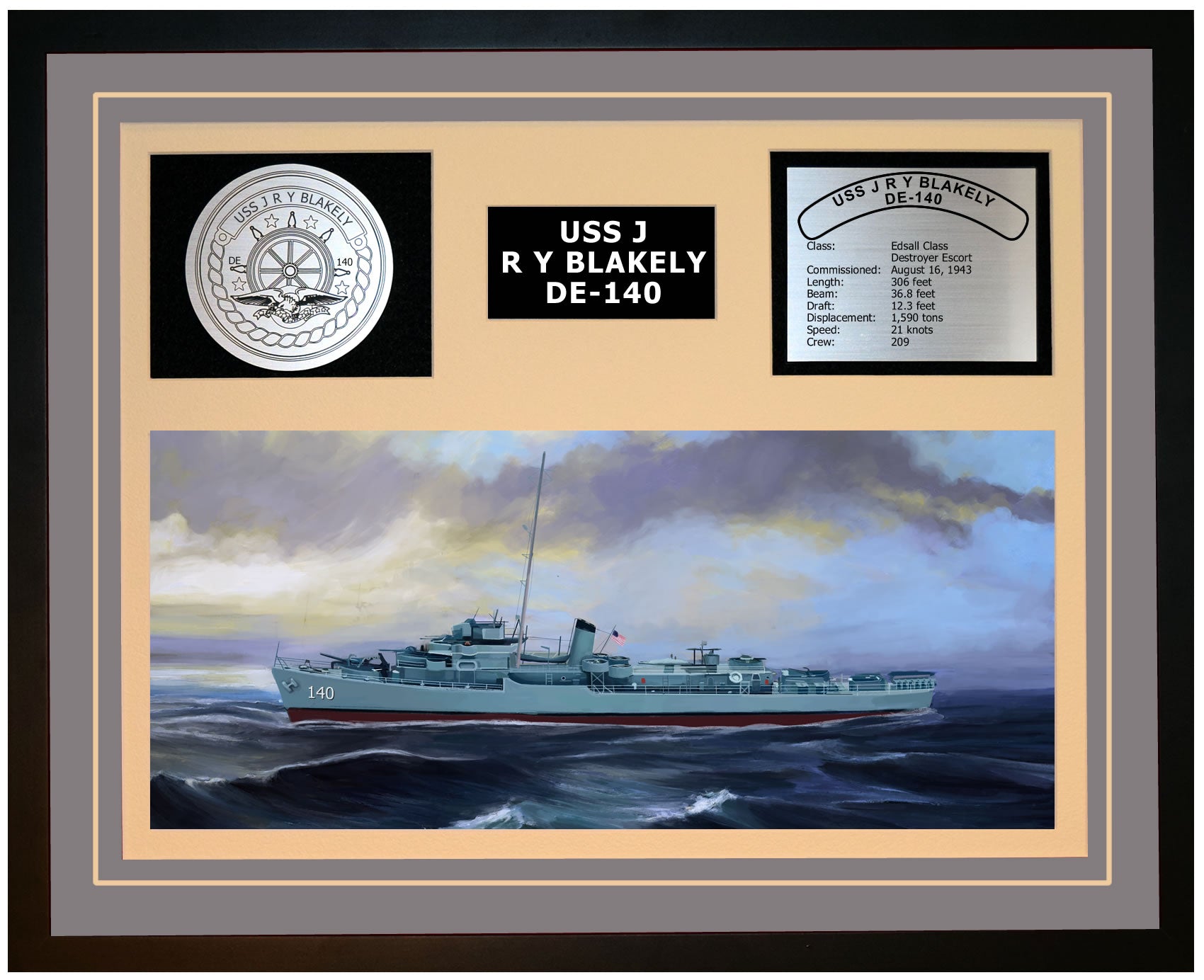 USS J R Y BLAKELY DE-140 Framed Navy Ship Display Grey