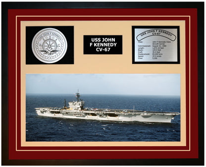USS JOHN F KENNEDY CV-67 Framed Navy Ship Display Burgundy