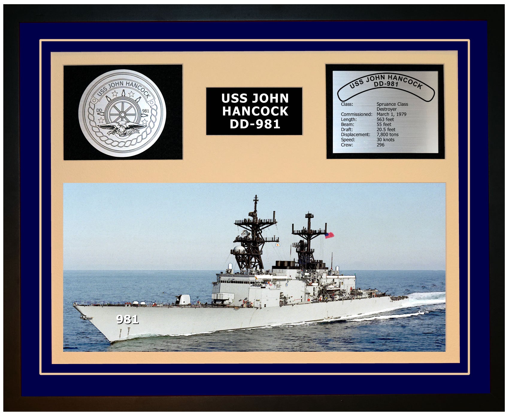 USS JOHN HANCOCK DD-981 Framed Navy Ship Display Blue