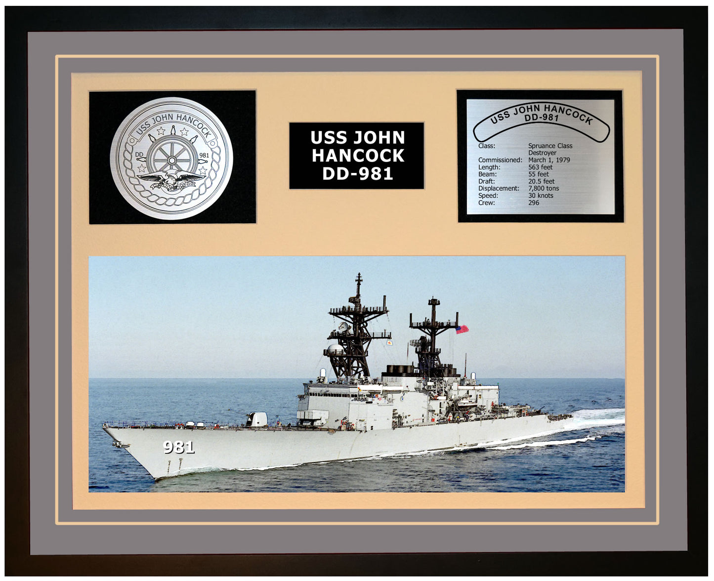 USS JOHN HANCOCK DD-981 Framed Navy Ship Display Grey