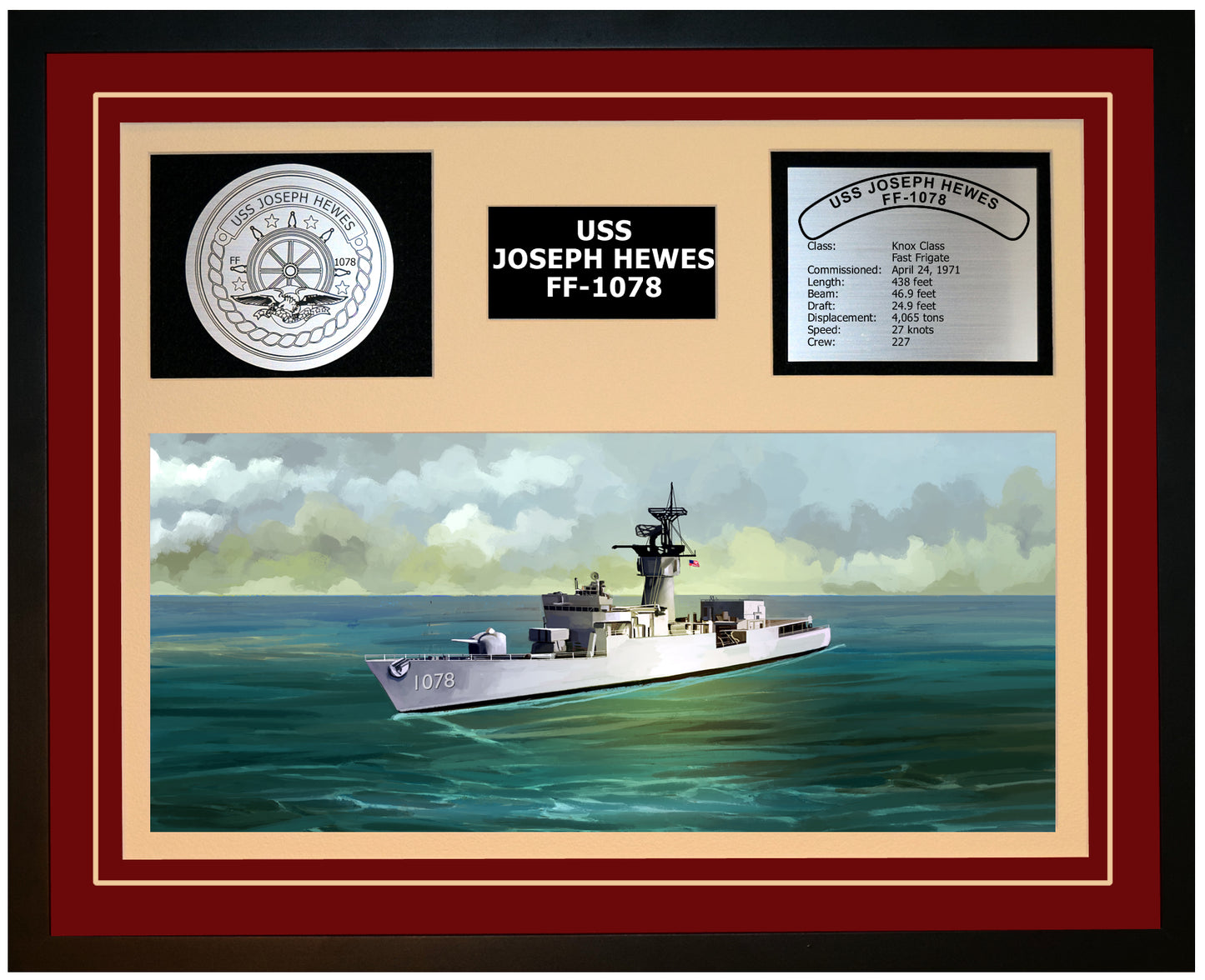 USS JOSEPH HEWES FF-1078 Framed Navy Ship Display Burgundy