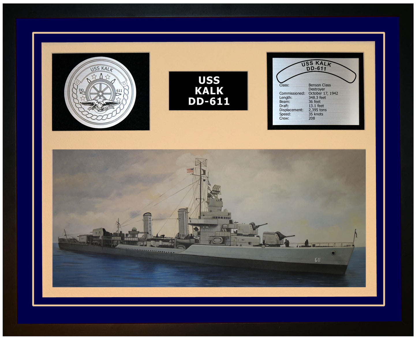 USS KALK DD-611 Framed Navy Ship Display Blue