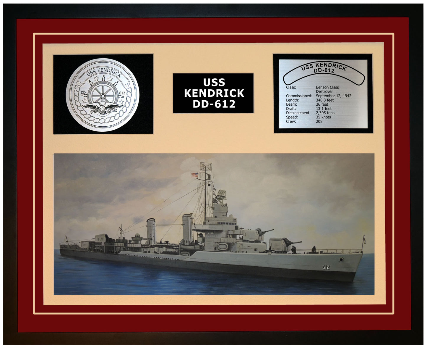 USS KENDRICK DD-612 Framed Navy Ship Display Burgundy