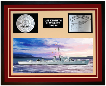 USS KENNETH M WILLETT DE-354 Framed Navy Ship Display Burgundy