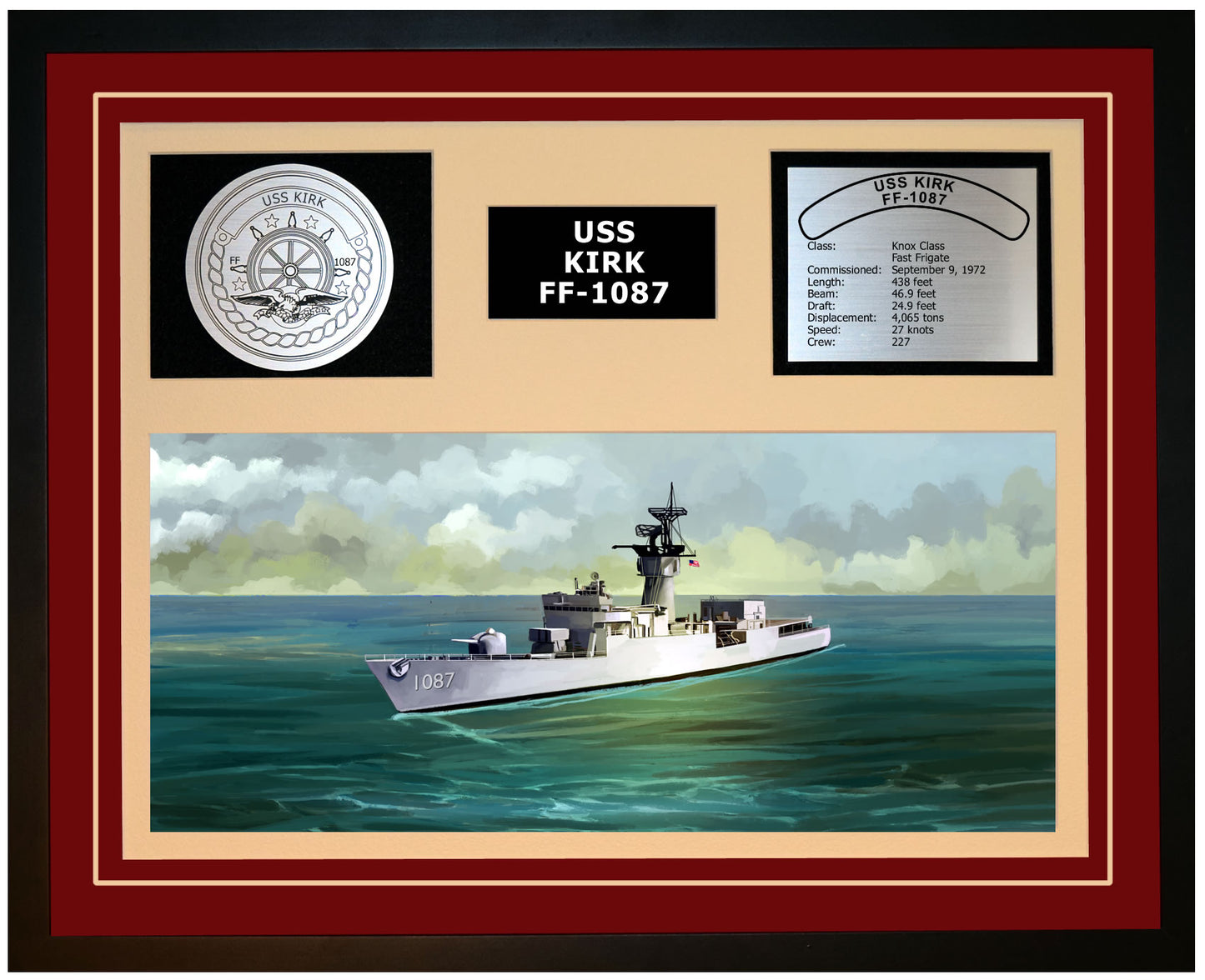 USS KIRK FF-1087 Framed Navy Ship Display Burgundy