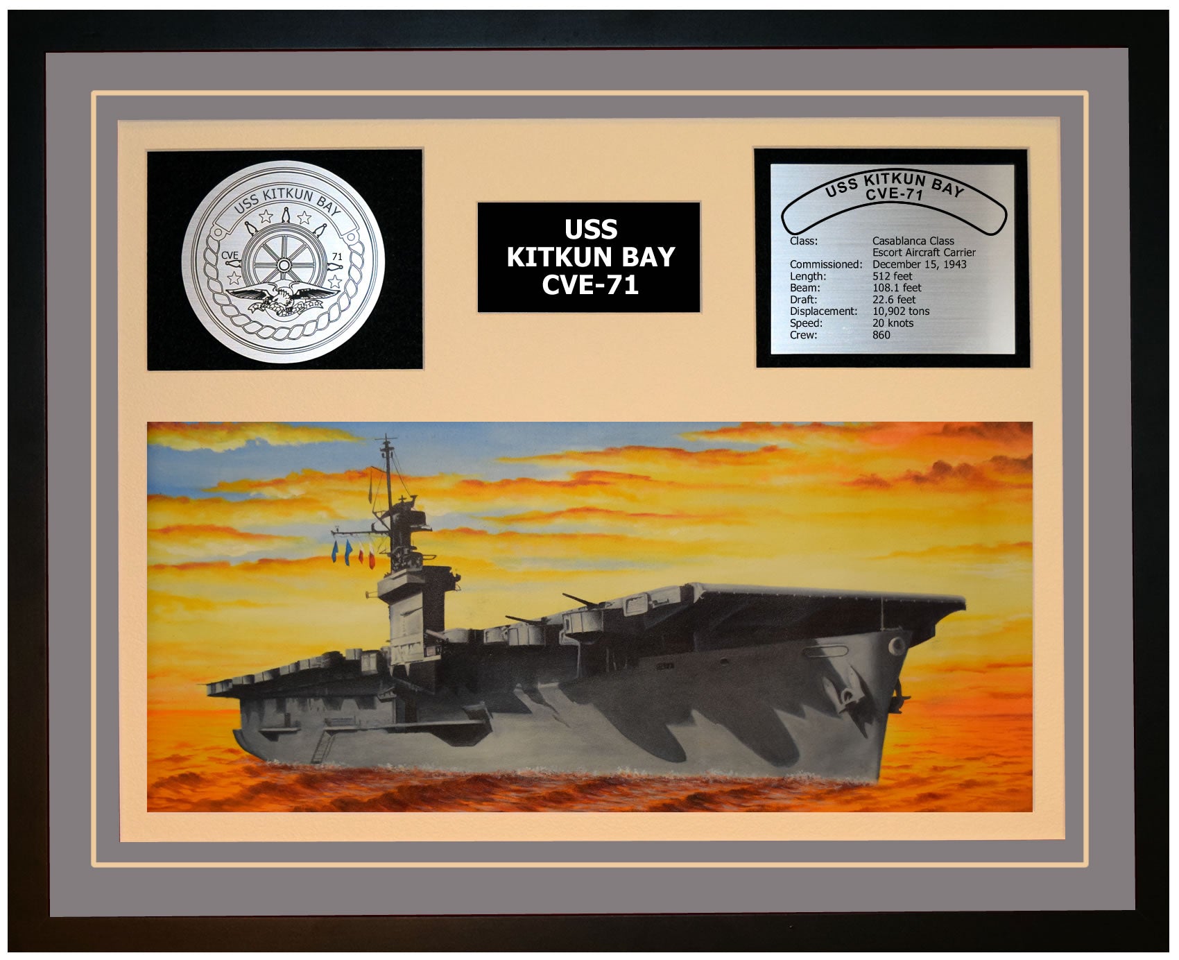 USS KITKUN BAY CVE-71 Framed Navy Ship Display Grey