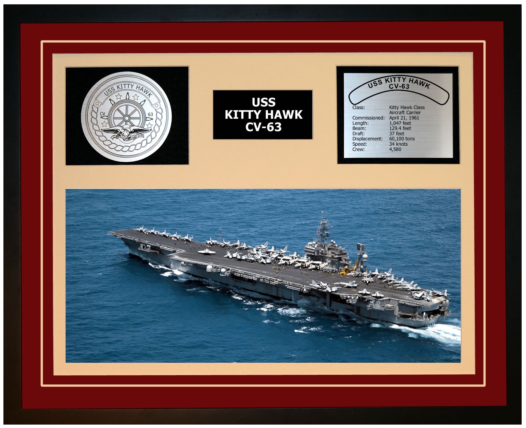 USS KITTY HAWK CV-63 Framed Navy Ship Display Burgundy