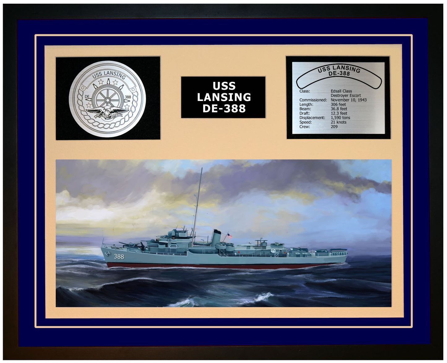 USS LANSING DE-388 Framed Navy Ship Display Blue