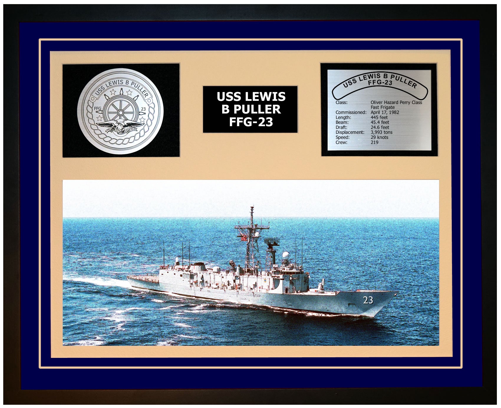 USS LEWIS B PULLER FFG-23 Framed Navy Ship Display Blue